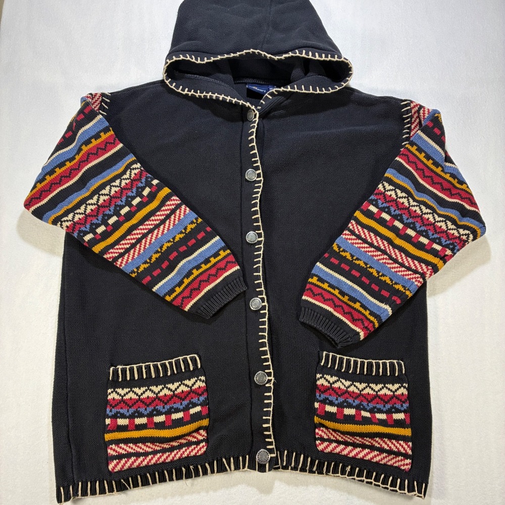 Vintage Grandmacore Women Cardigan 100% Cotton M Black Hooded Sweater Boho Knit